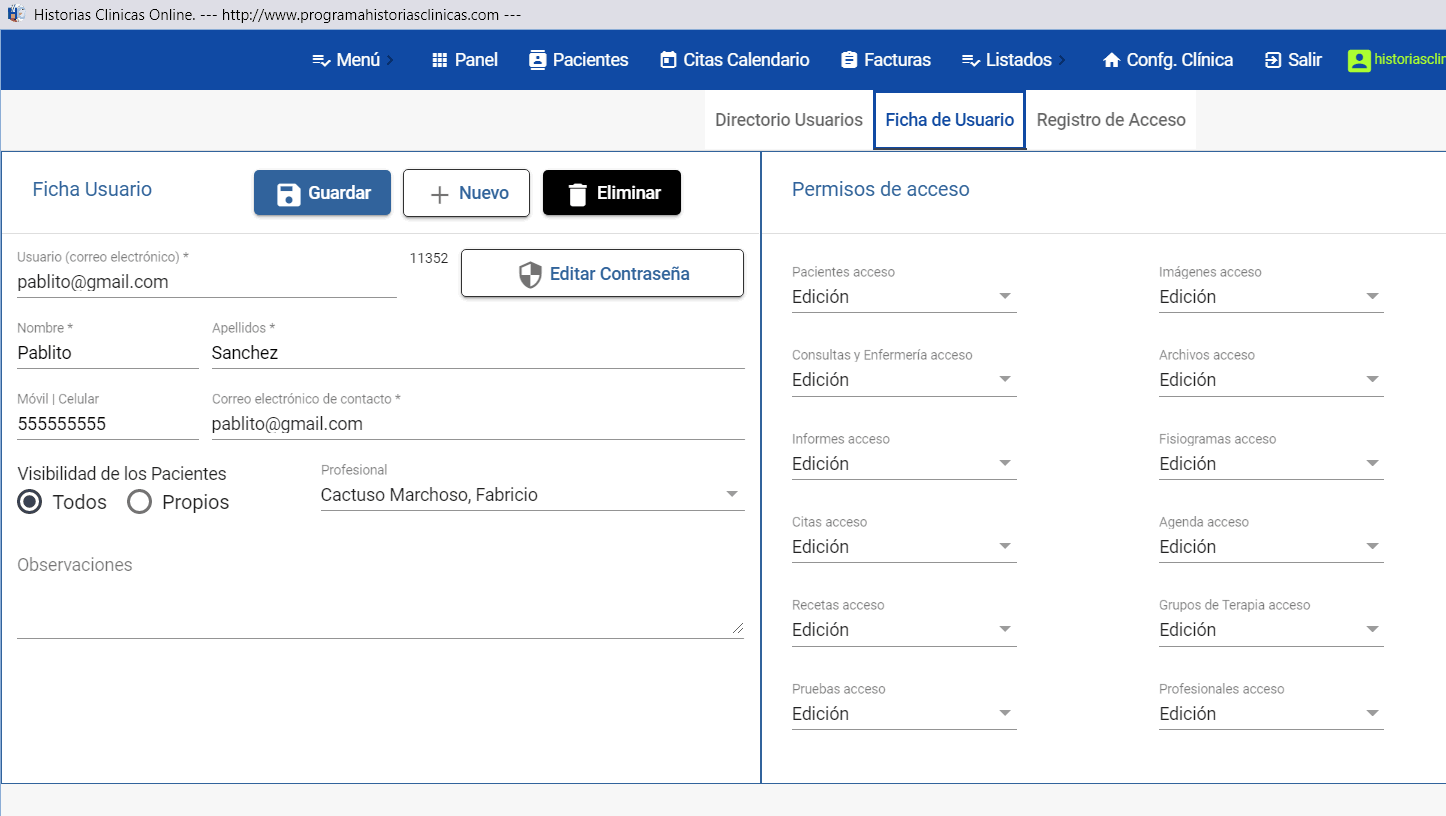 Usuarios Historia Clínica, acceso y permisos
