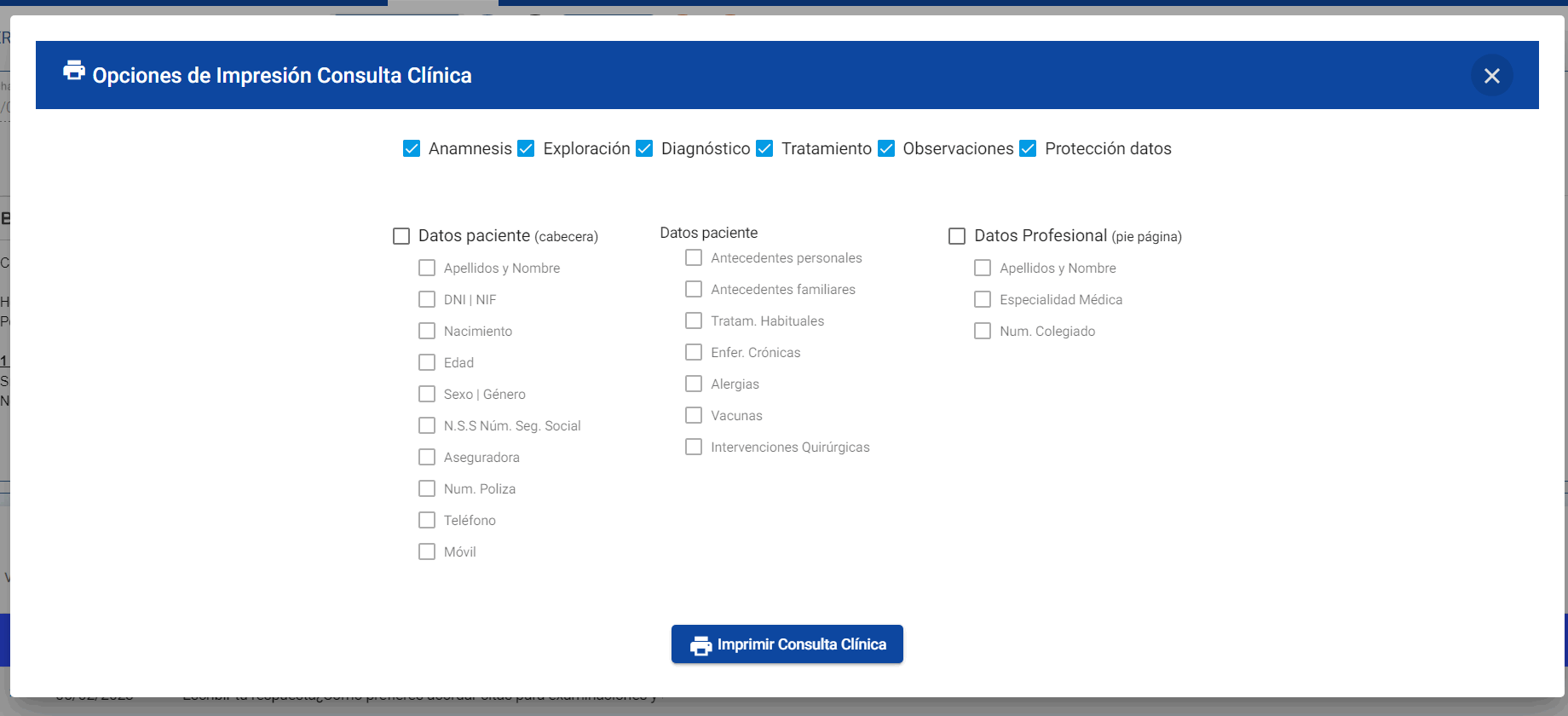 Imprimir consulta clínica en historias clínicas opciones impresión