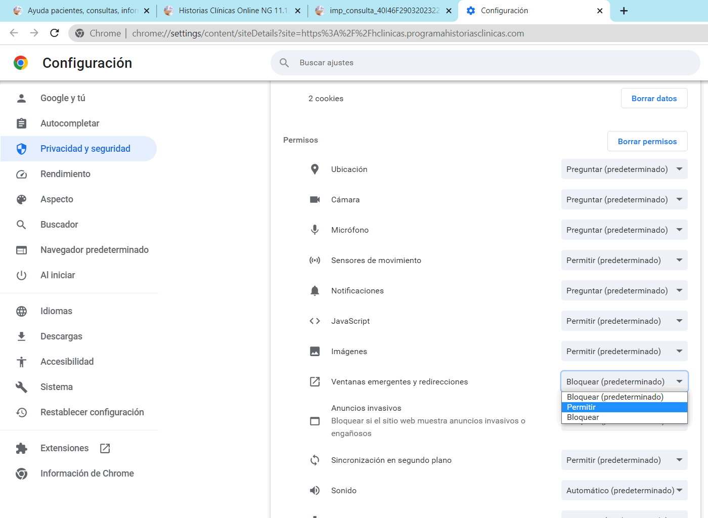 Permitir pestañas y ventanas emergentes a Historias Clínicas Online en Chrome