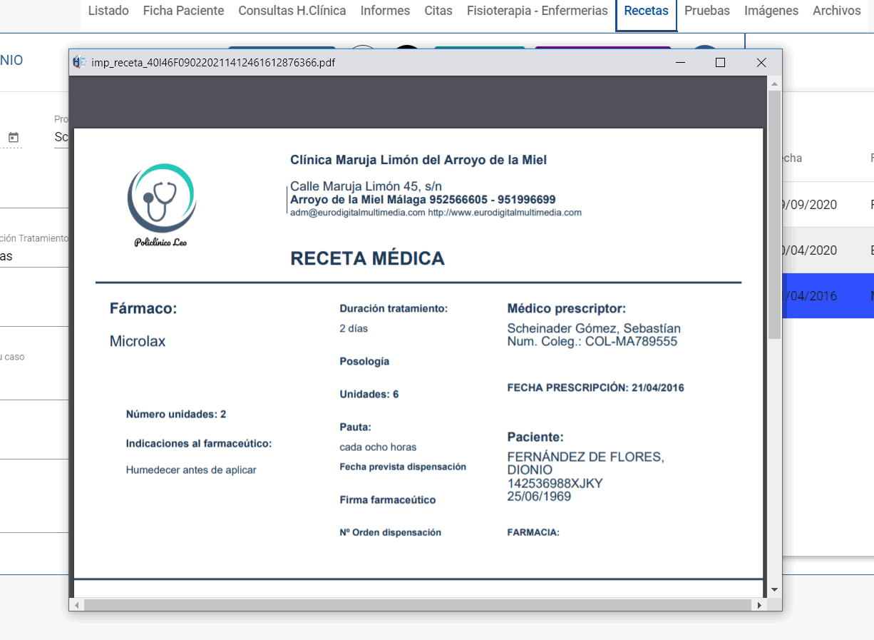 Receta médica historia clínica digital