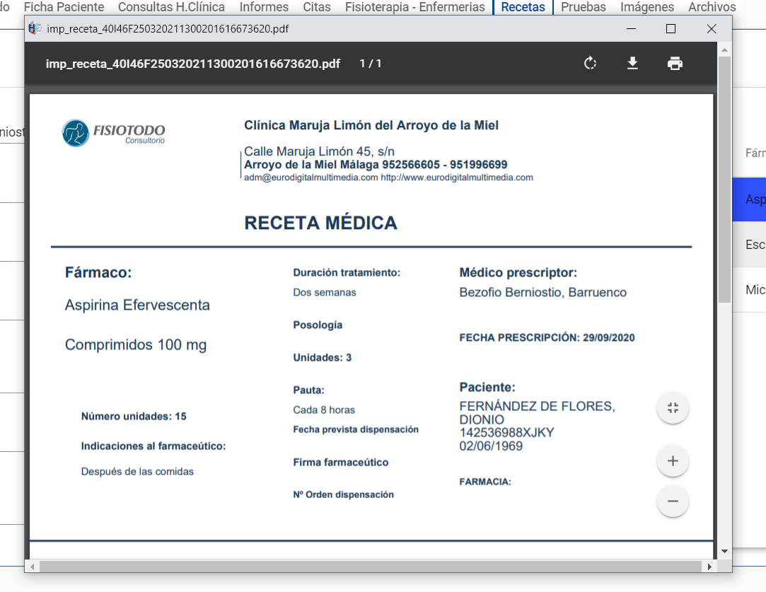 Impresión Receta Médica de historia clínica en programa consultorio médico