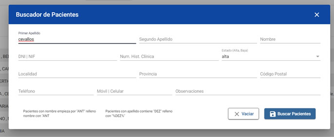 Buscar pacientes en el programa de historias clínicas para la gestión de clínicas médicas