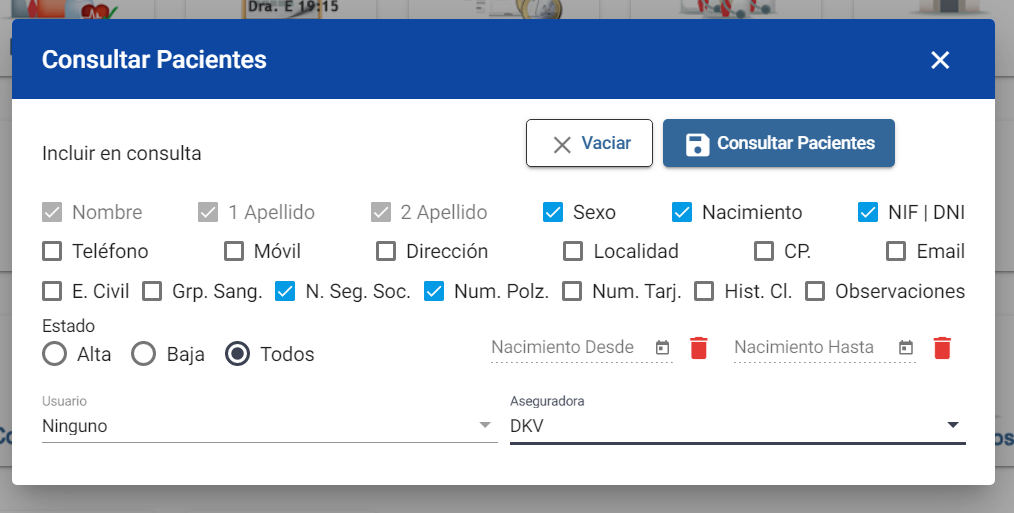 Seleccionar campos y filtrar datos de los pacientes de la clínica en el programa historias clínicas