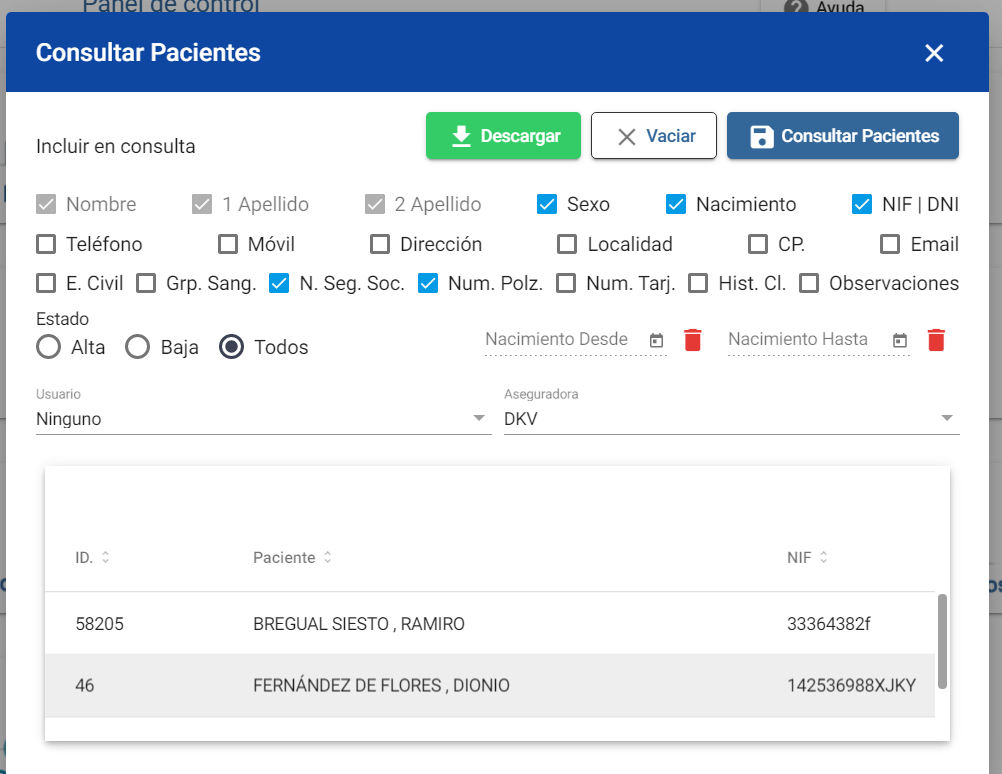 Descargar archivo con los datos filtrados de los pacientes de la clínica en el programa historias clínicas