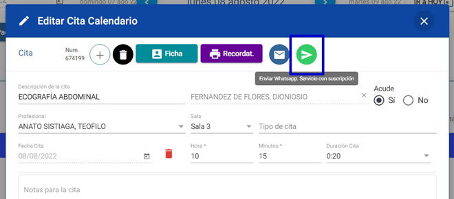 Enviar whatsapp recordatorio cita desde la Agenda citas en historias clínicas