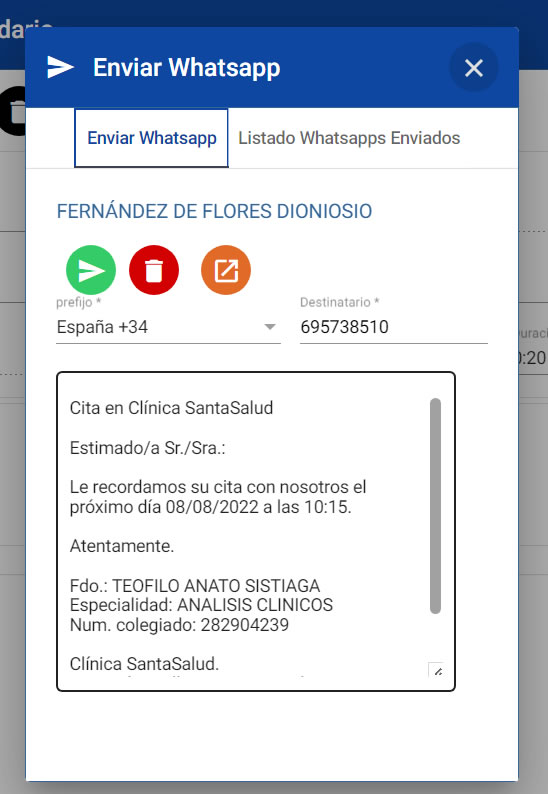 Enviar whatsapp recordatorio cita prefijo país en historias clínicas