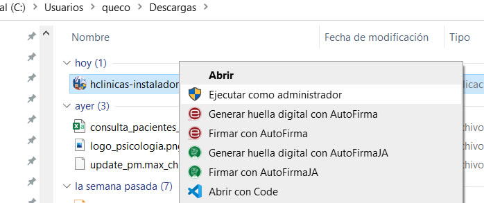 Instalar programa historias clínicas como administrador