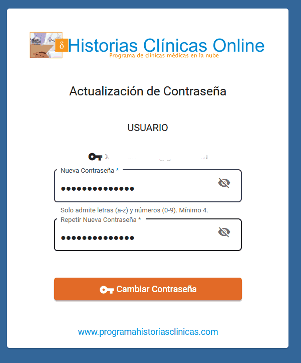 Introducir la nueva contraseña de usuario dos veces en historias clínicas