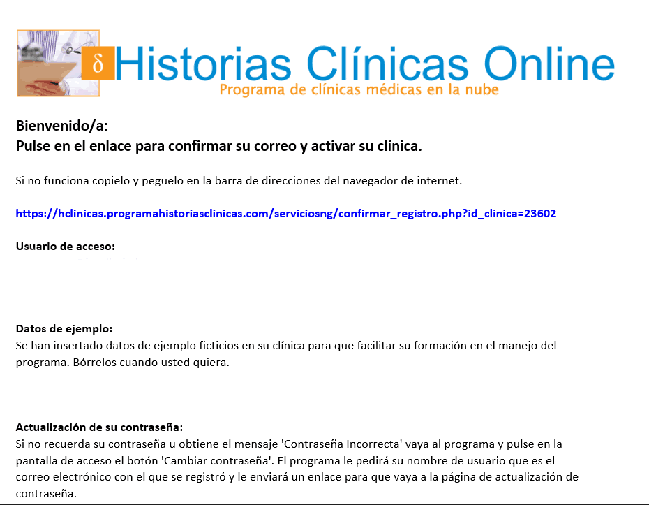 Correo electrónico de confirmación de usuario en el programa de clínicas médicas y consultorios en la nube