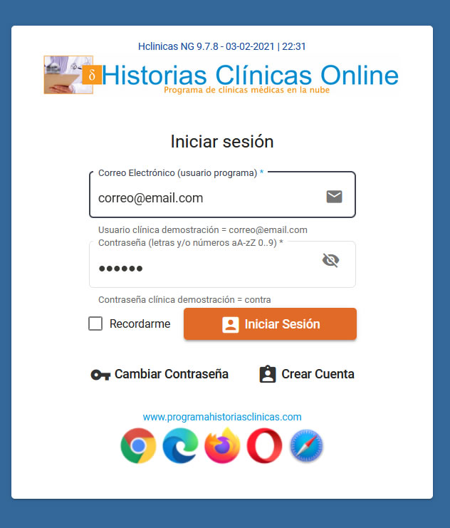 Acceso usuario registrado al programa de clínicas en la nube historias clínicas online