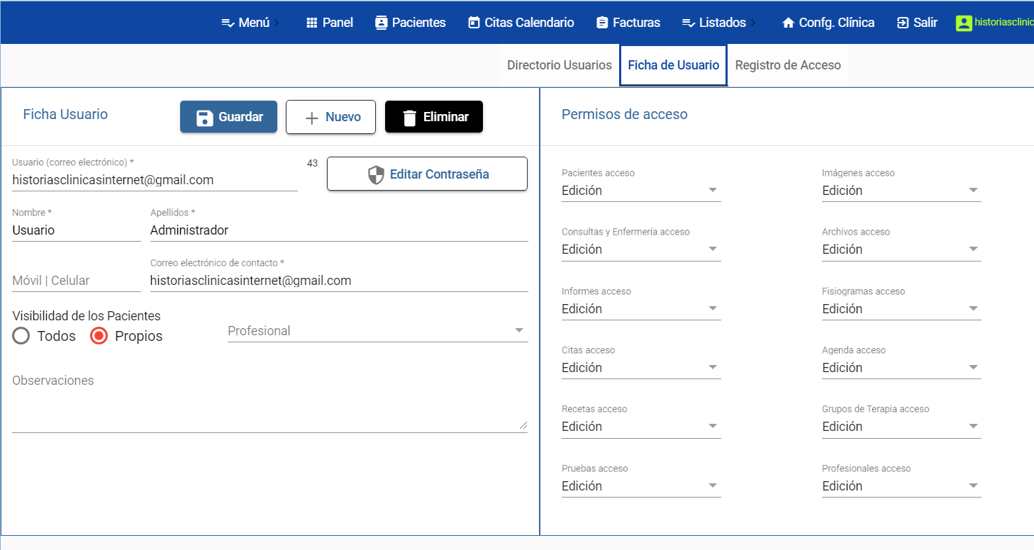 Usuario con acceso exclusivo a sus pacientes en historia clínica médica
