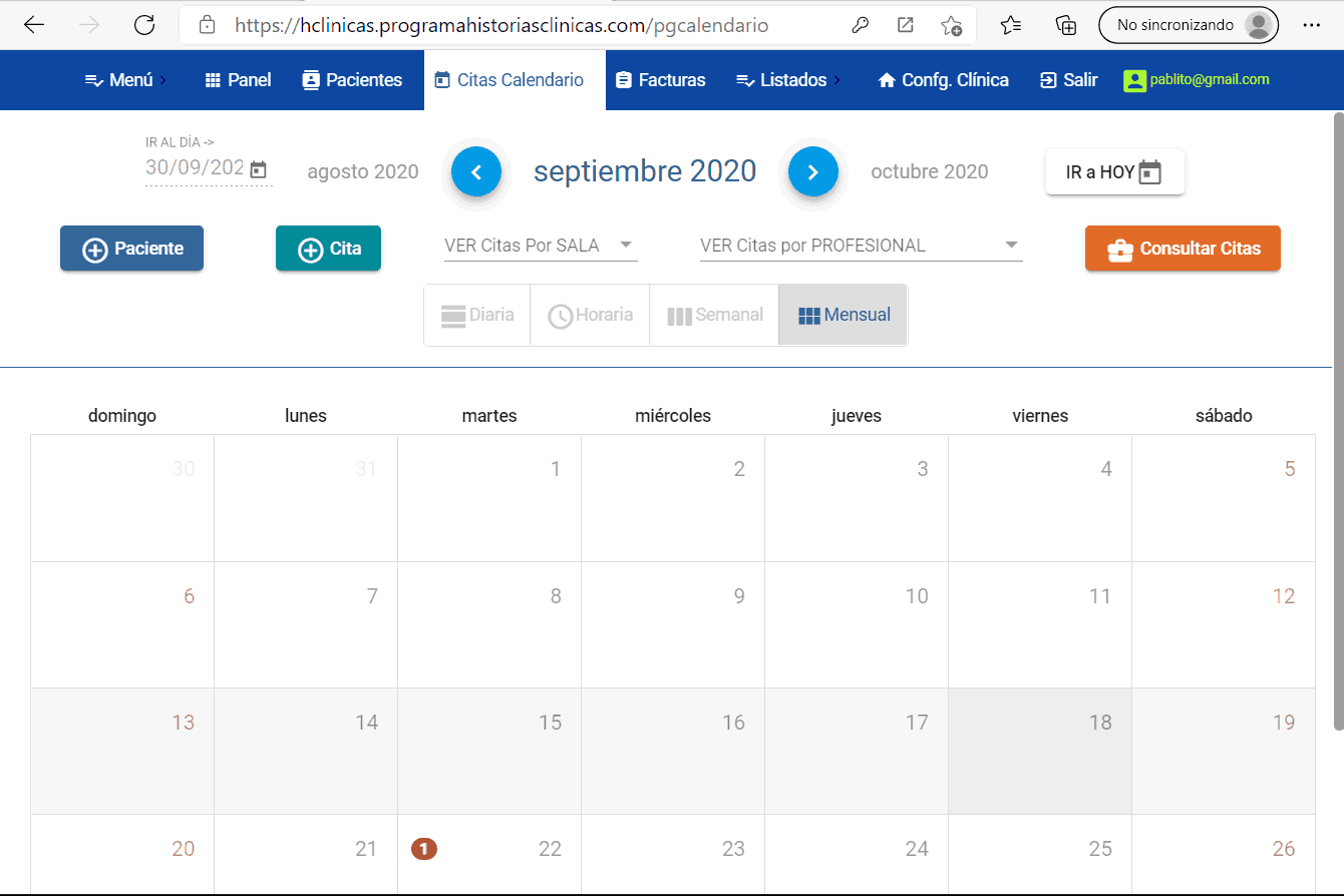 Agenda citas paciente historia clínica vista mensual