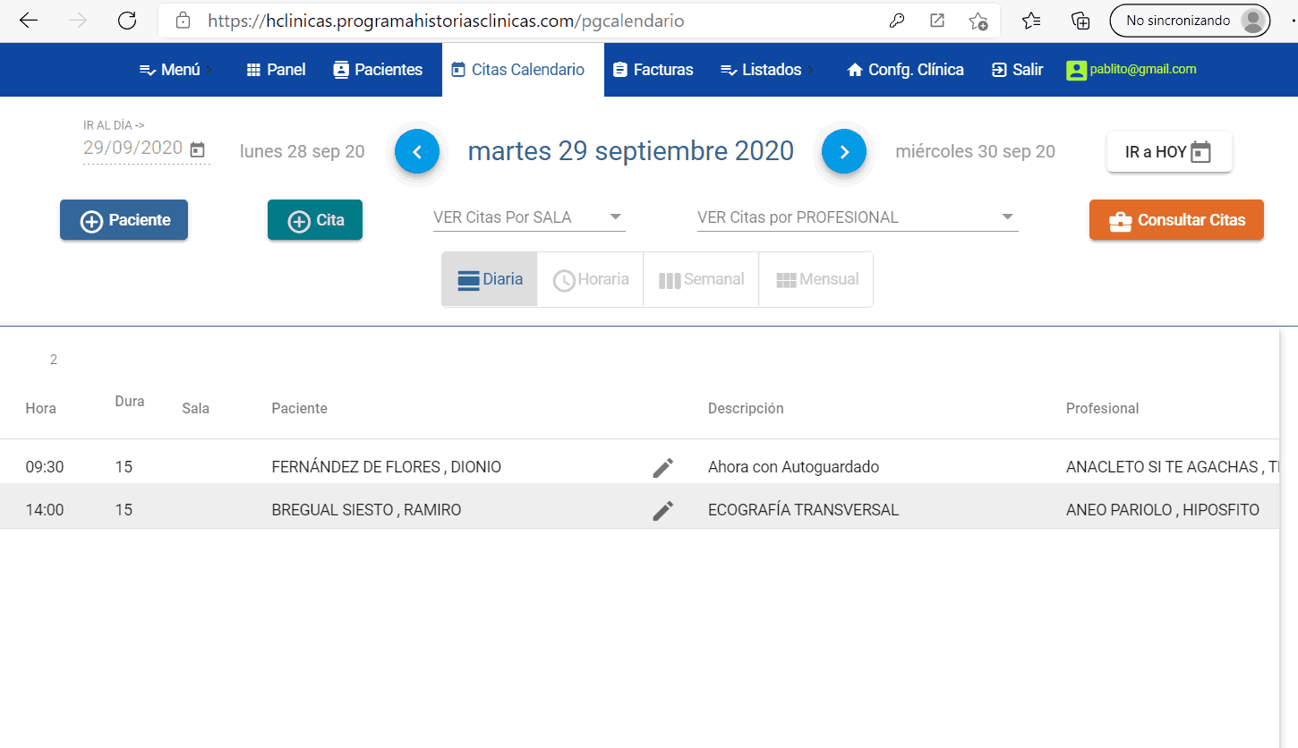 Agenda citas paciente historia clínica vista diaria