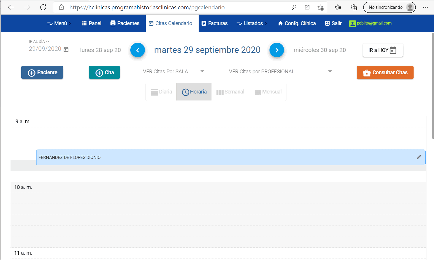 Agenda citas paciente historia clínica vista por horas