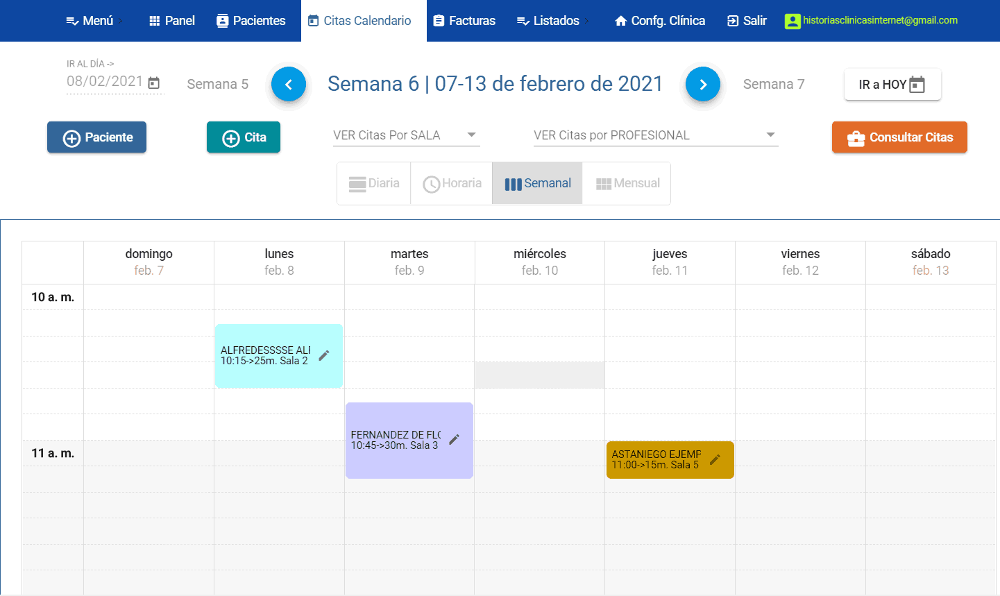 Agenda citas paciente historia clínica vista por semanas