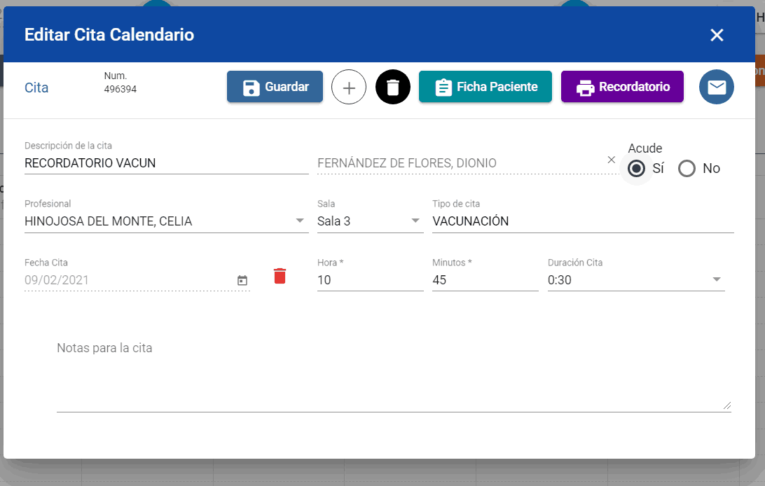 Editar cita para paciente historia clínica en la agenda de citas de la clínica 