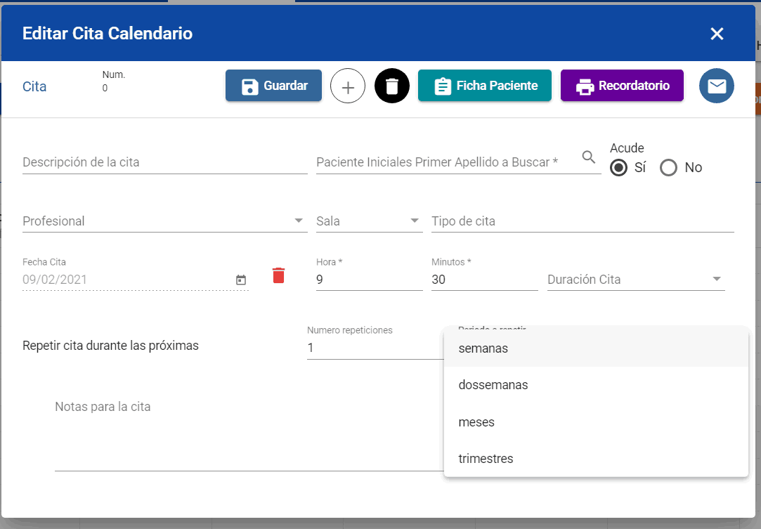 Crear una cita periódica para un paciente de historia clínica en la agenda de citas de la clínica