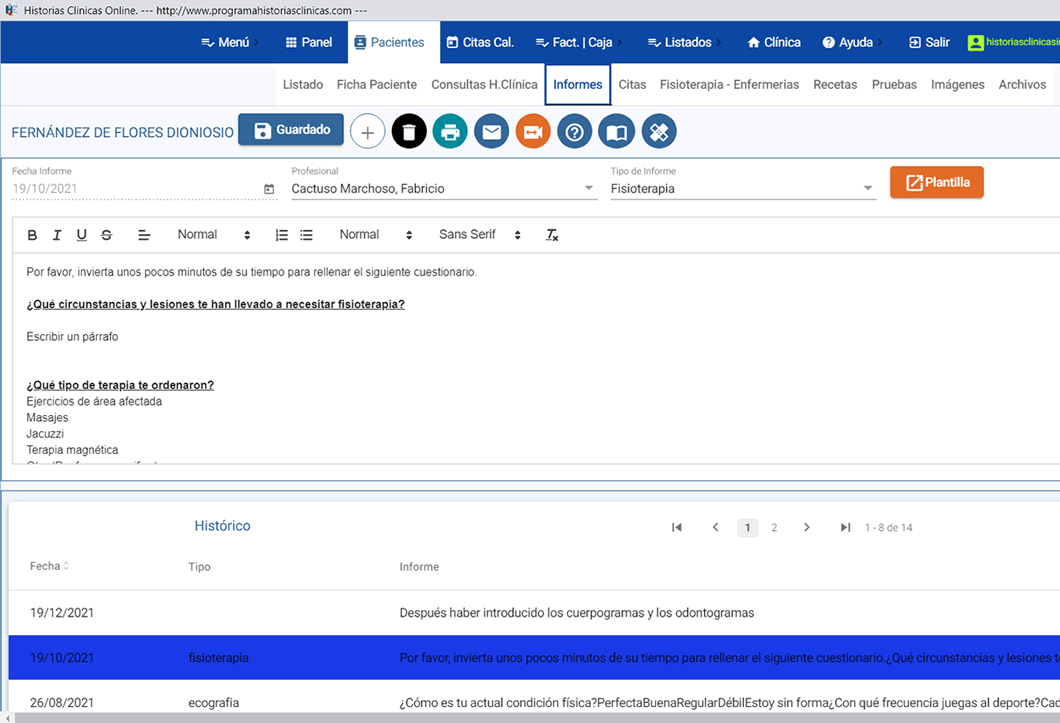 Informe clínico en el programa gestión de clínicas médicas en la nube