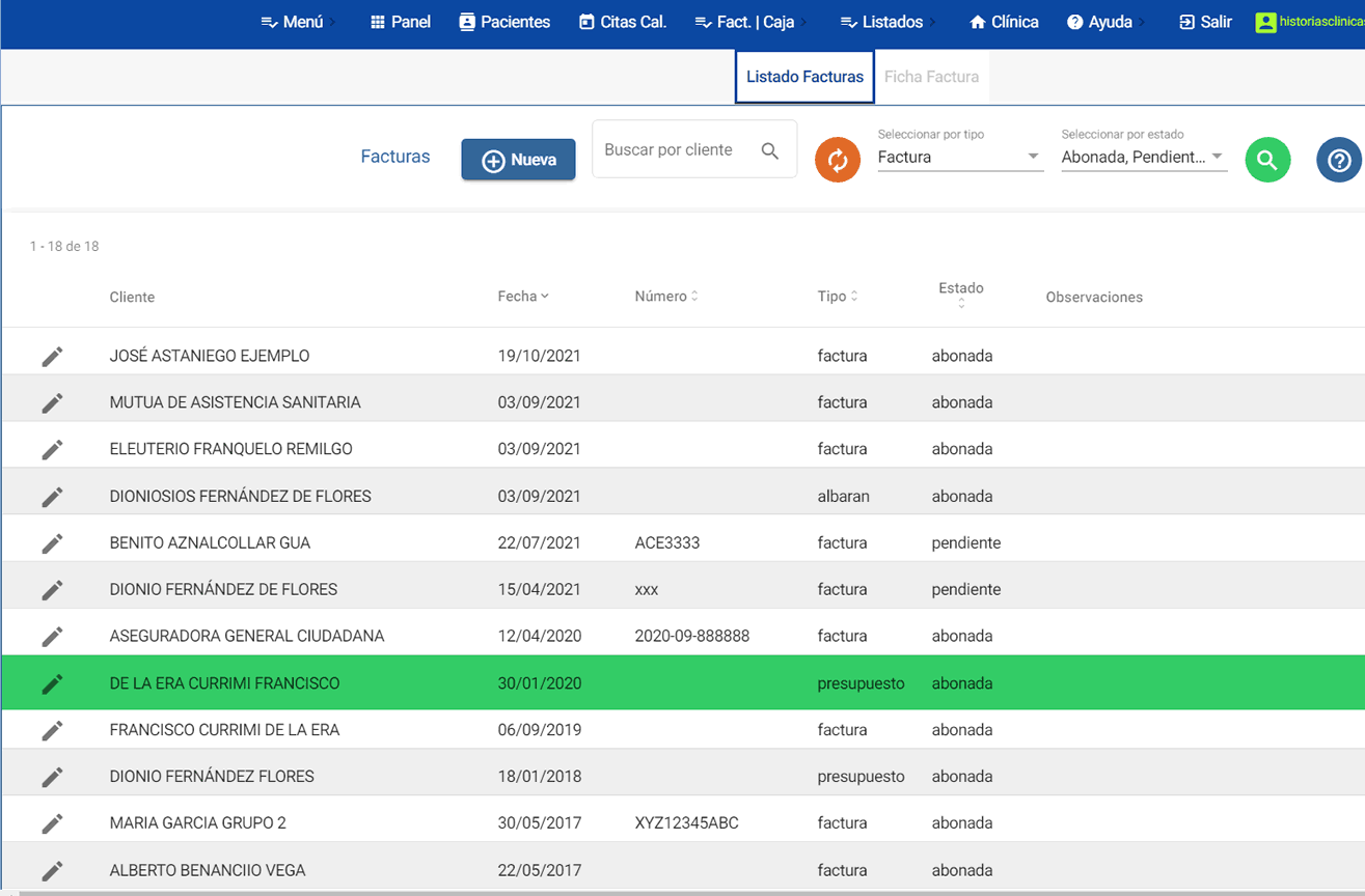 Listado de facturas, albaranes y presupuestos clínica médica en la nube