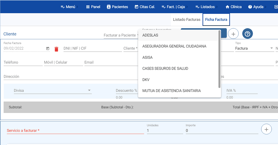 Seleccionar paciente clínica o aseguradora médica para factura, albarán o presupuesto