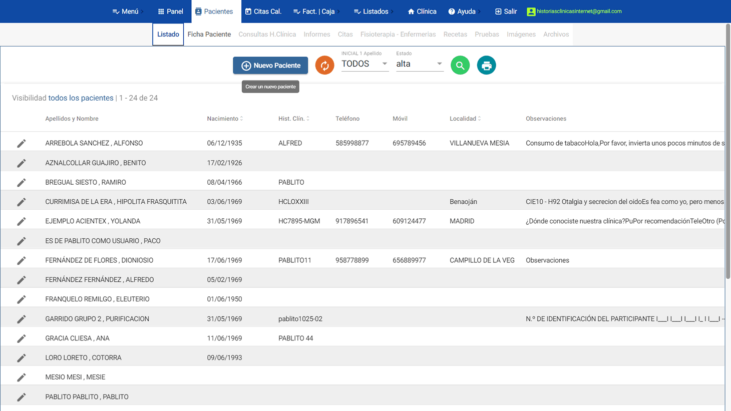 Listado de pacientes programa consultas médicas en la nube