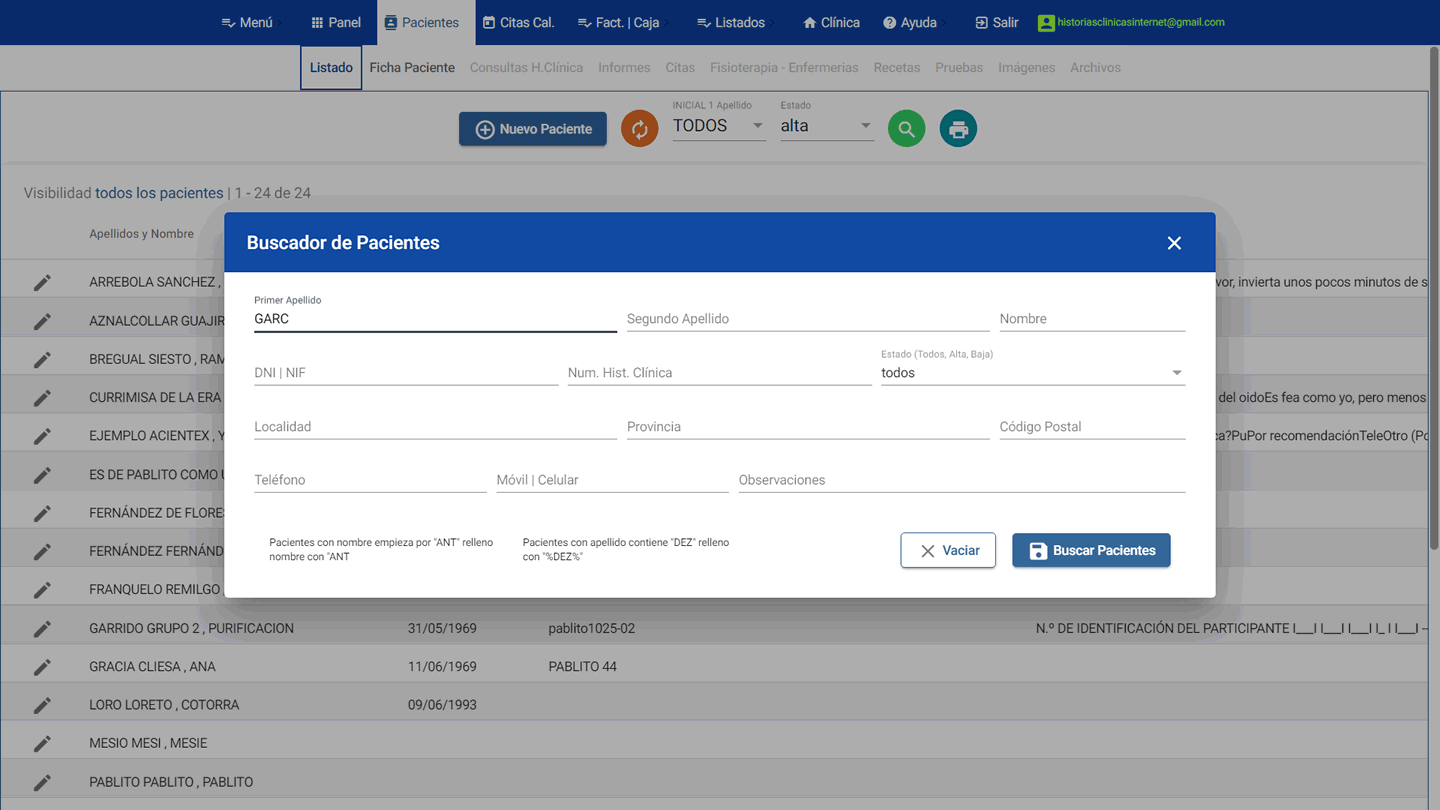 Buscar un paciente en el programa consultas médicas en la nube
